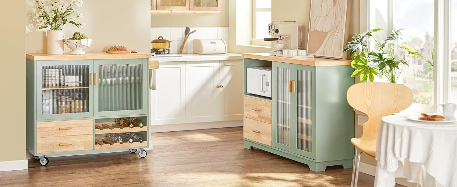 Kitchen Sideboard Cabinet with Microwave Shelf & Wine Rack Green 120x40cm