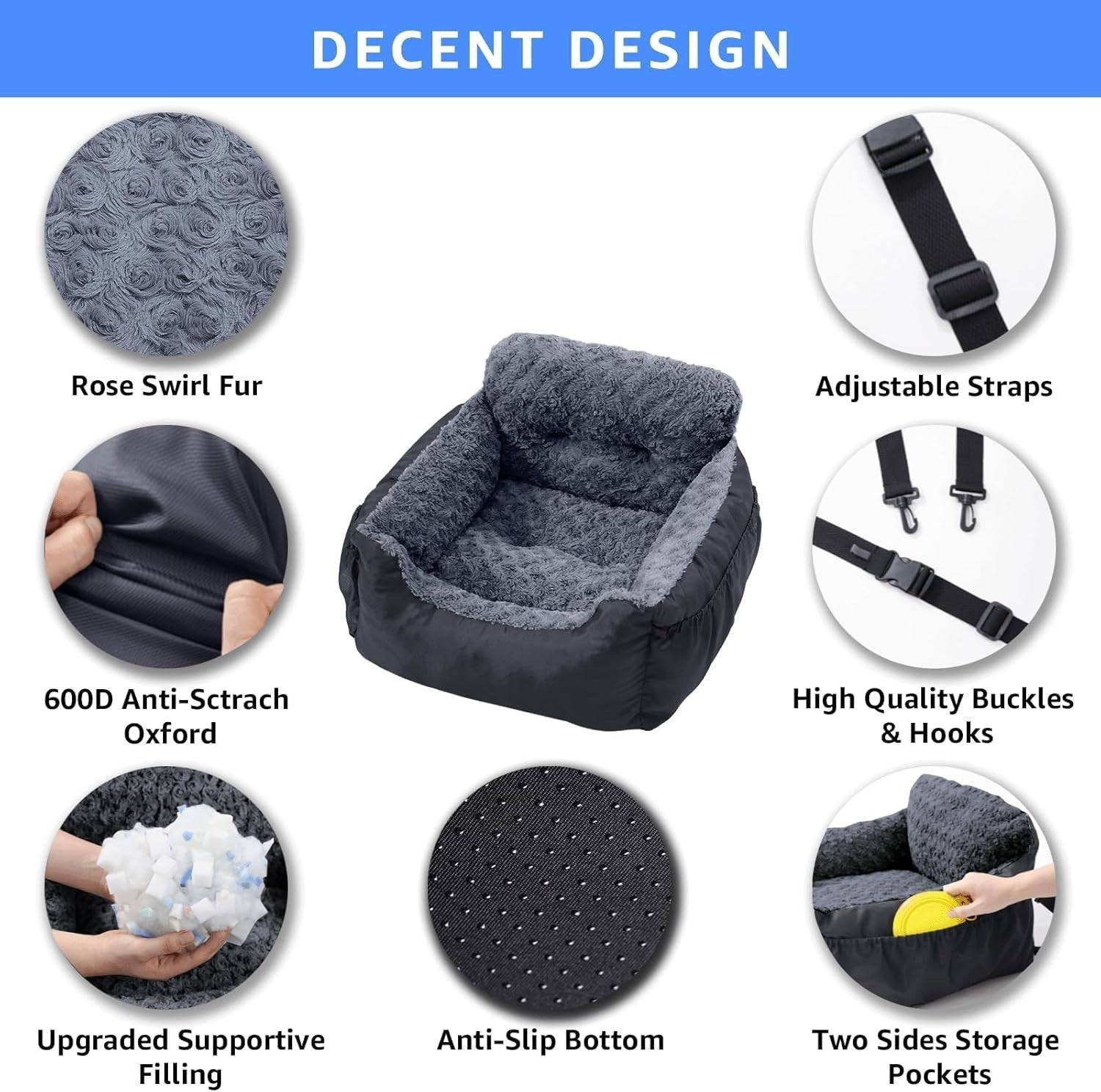 Luxury Dog Booster Car Seat Memory Foam Travel Bed Washable Black
