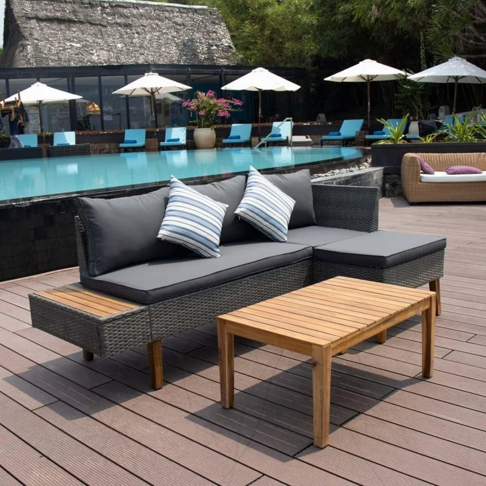 4 Seater Rattan Garden Sofa Set with Built-in Side Table & Coffee Table