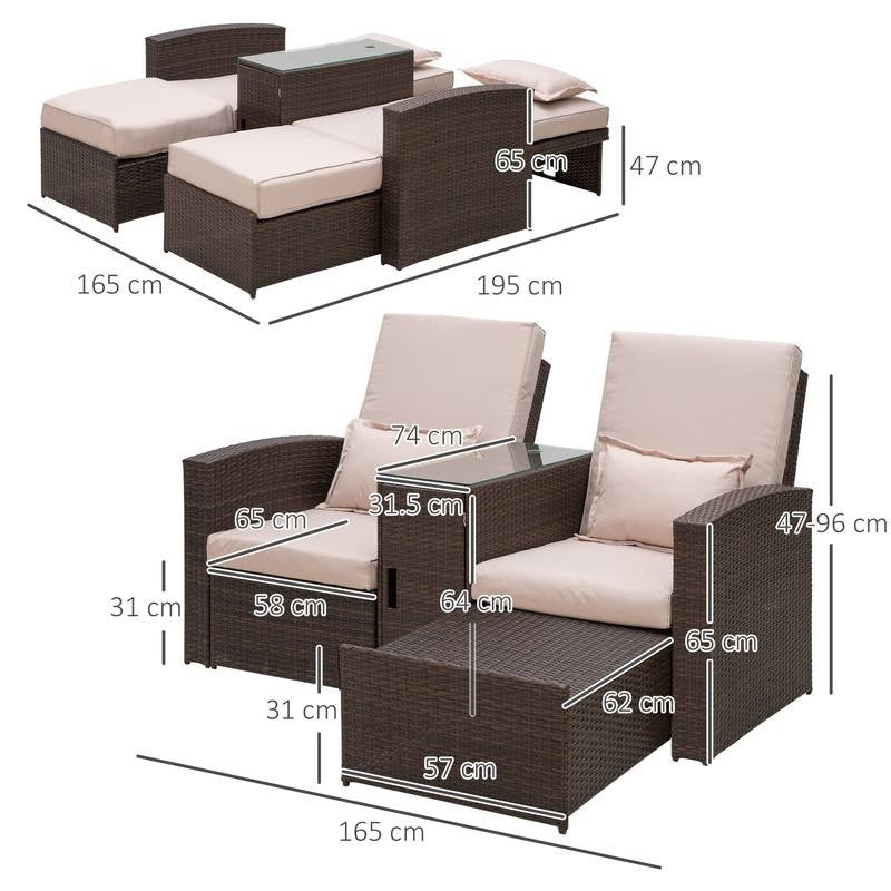 2 Seater Rattan Recliner Sofa Lounger Set w/ Cushions & Glass Table Outdoor