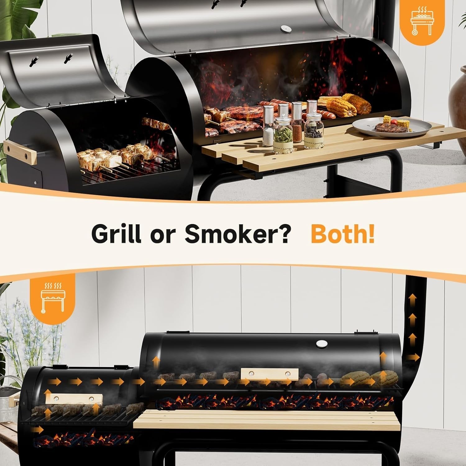 Barrel Charcoal BBQ Grill with Offset Smoker & Thermometer – 2-in-1 Outdoor
