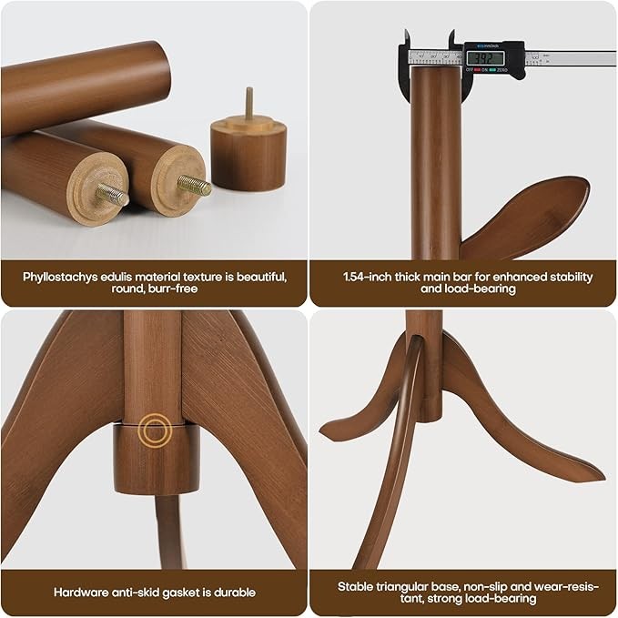 Vintage Brown Wooden Coat Rack 182cm Tree Stand with 8 Hooks Freestanding