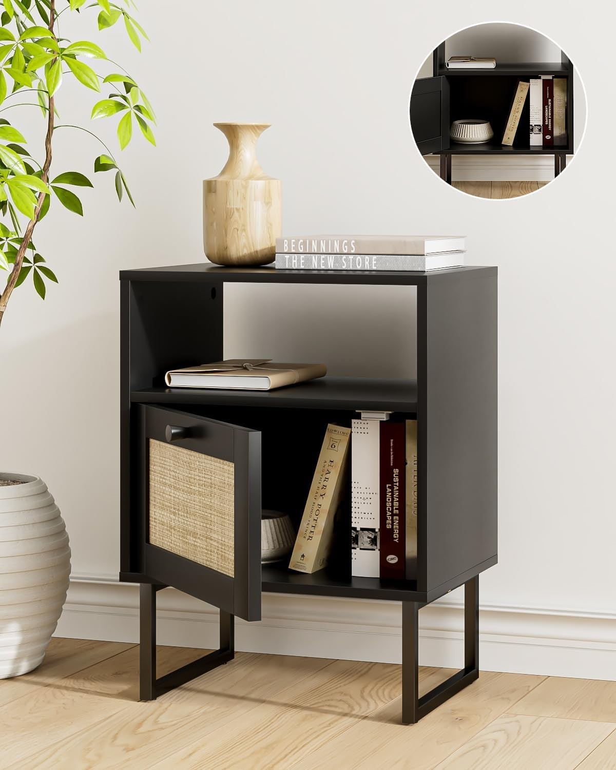 Luxury Rattan Bedside Table with Drawer Black Oak Nightstand XL Boho Style