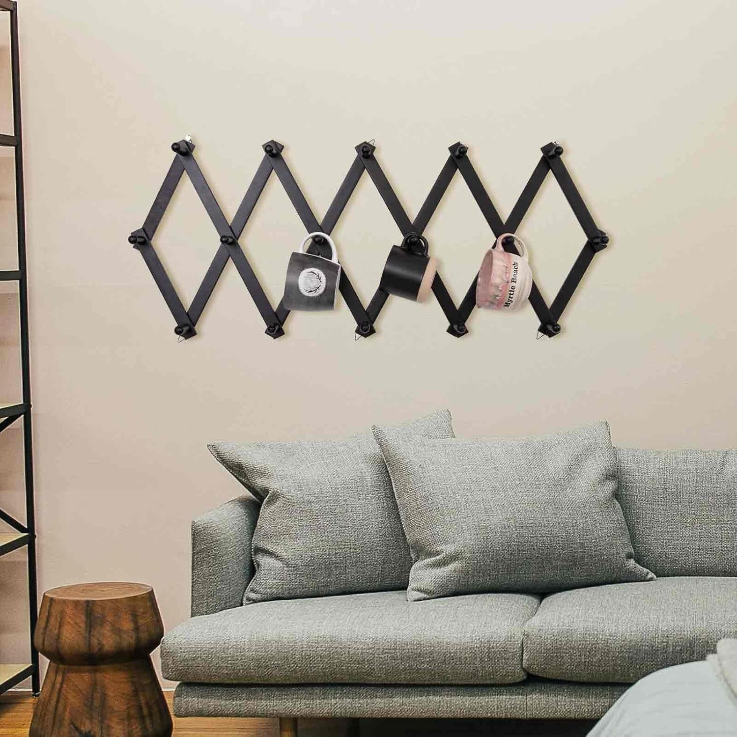 Black Wooden Wall Hat Rack 16 Hooks Expandable Accordion Coat Organizer