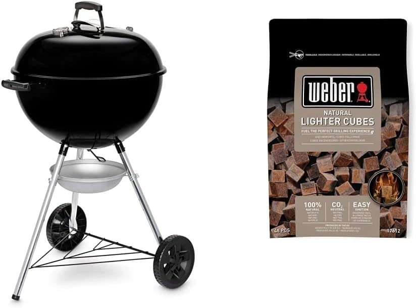 57cm Charcoal BBQ Grill with Lid Thermometer, Lighter Cubes & Wheels – Portable