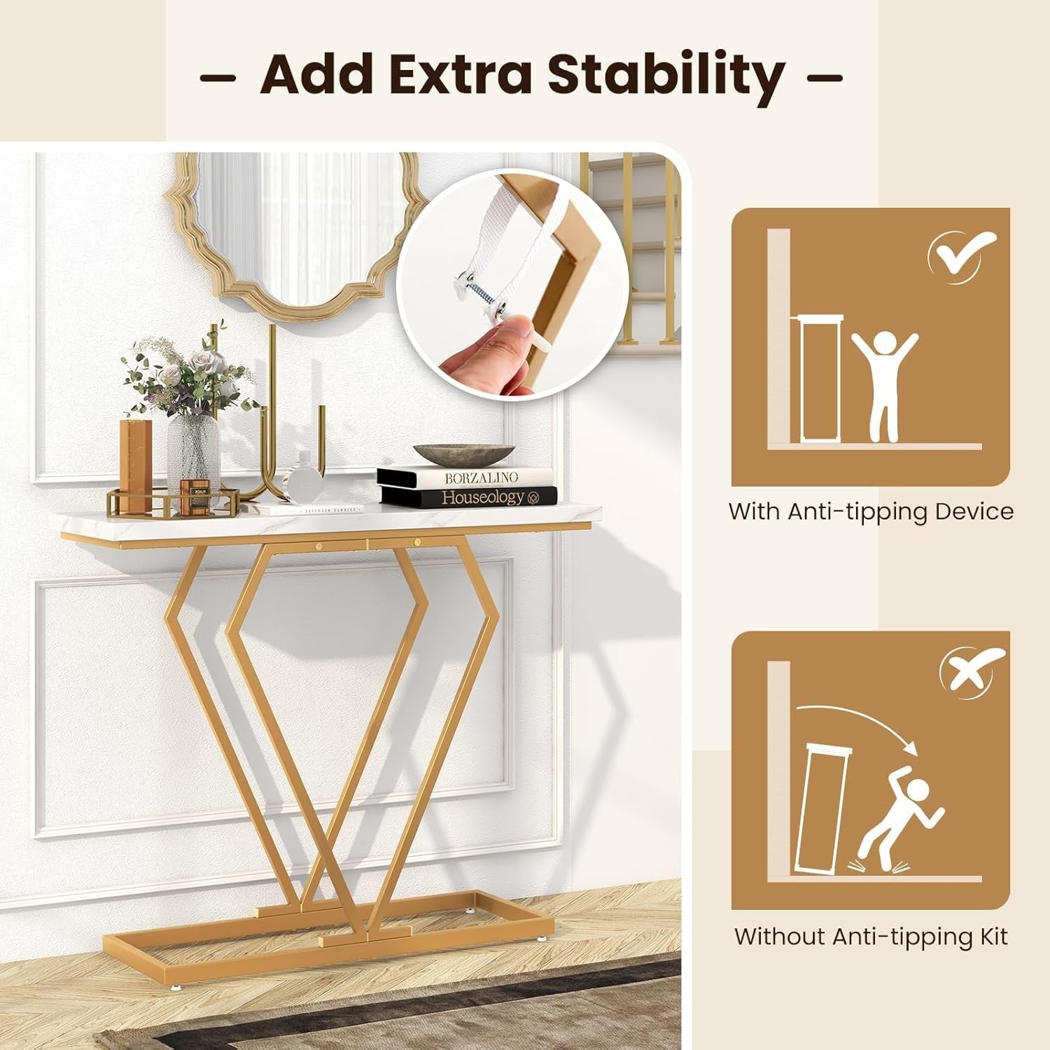 Narrow Console Table 100cm Marble Top with Gold Geometric Frame - Slim