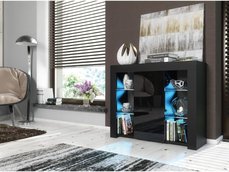 97cm Black Sideboard Cabinet Gloss Doors LED Light Adjustable Shelves