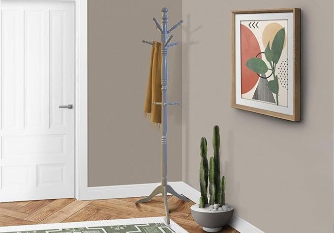 Grey Wooden Coat Stand with 9 Hooks | Solid Wood Freestanding Coat Rack for Hats