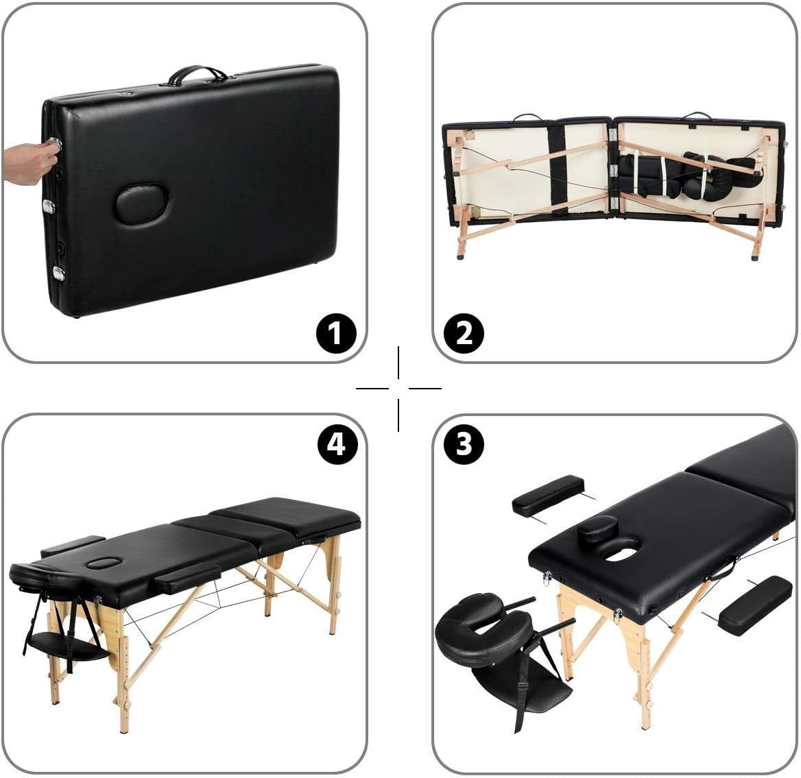 Adjustable 3-Section Folding Massage Table Portable Beauty Lash Bed Black 60cm