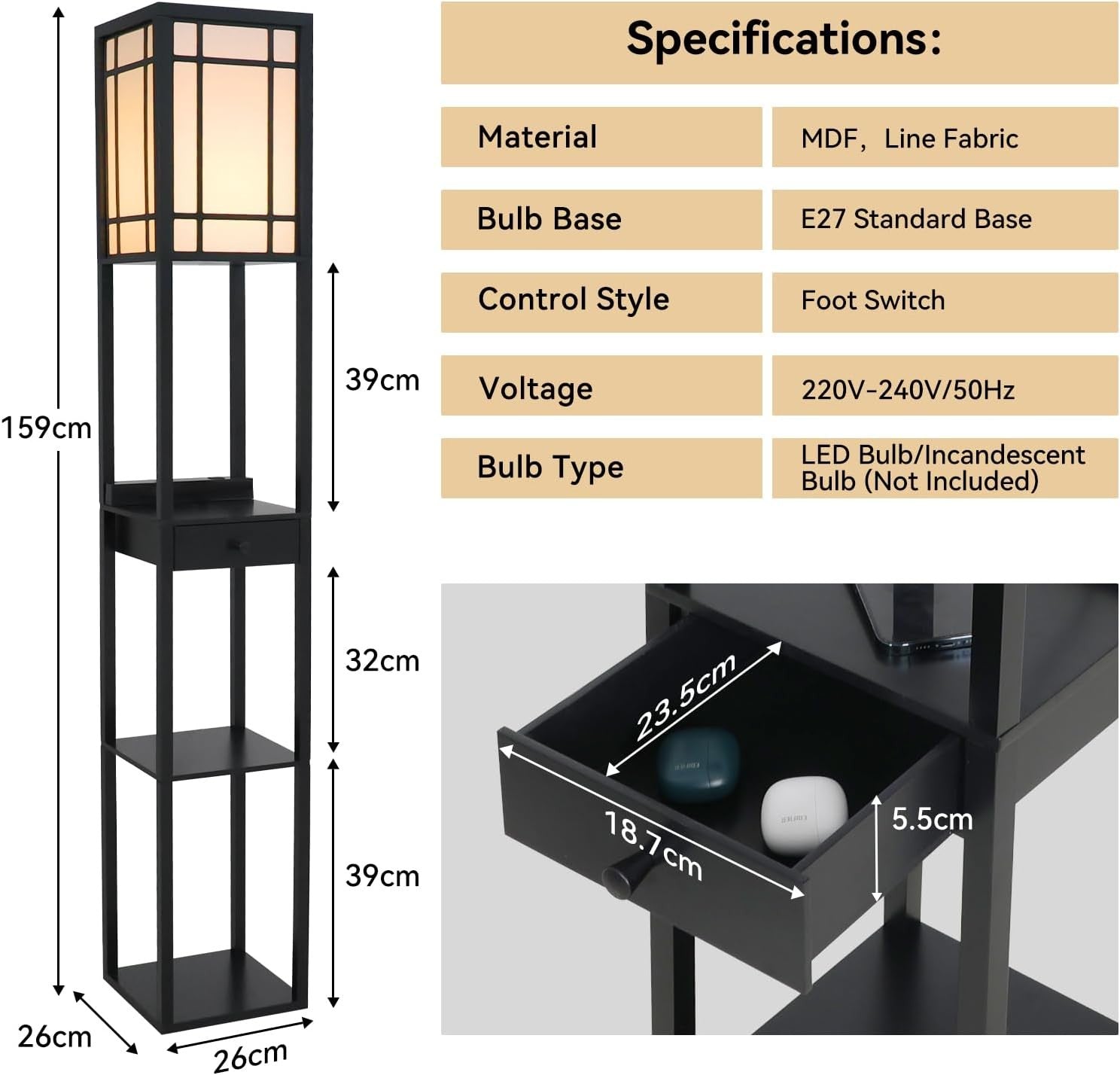 Floor Lamp with Shelves USB Charging Storage Drawer Modern Standing Light