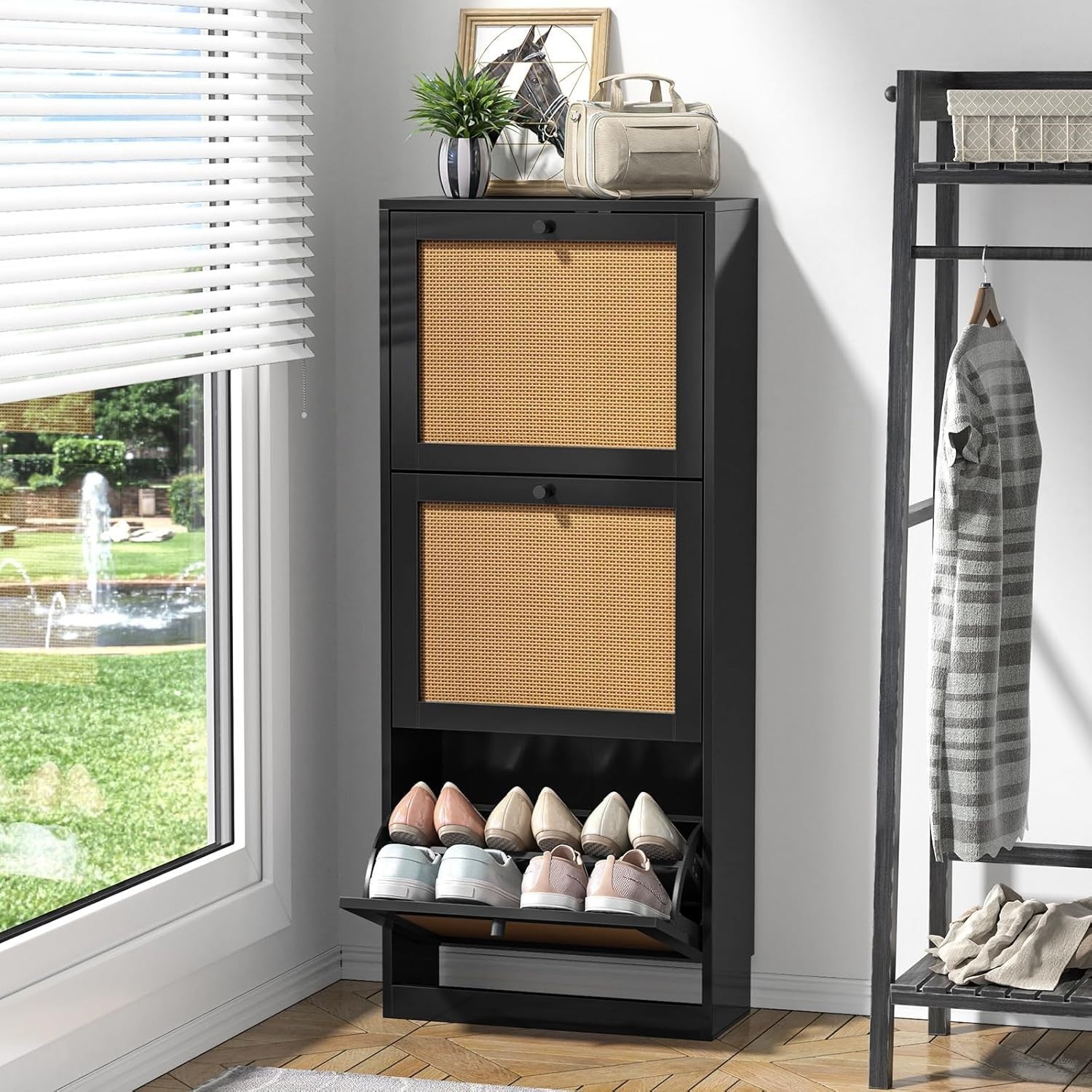 Rattan Shoe Cabinet 3 Flip Drawer Storage Cupboard Adjustable Shelves 51x122cm
