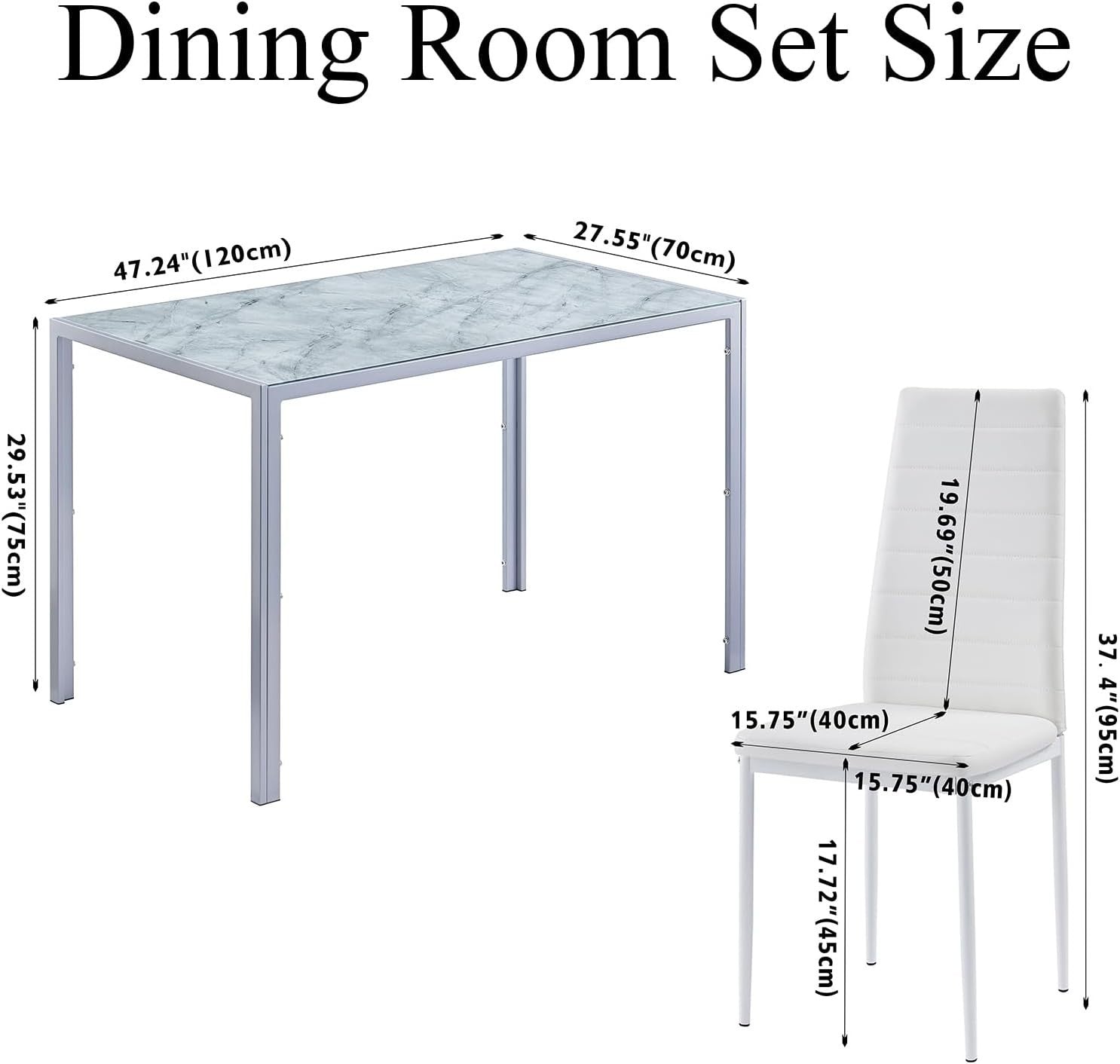 5 Piece Marble Glass Dining Table Set with 4 White Chairs for Kitchen
