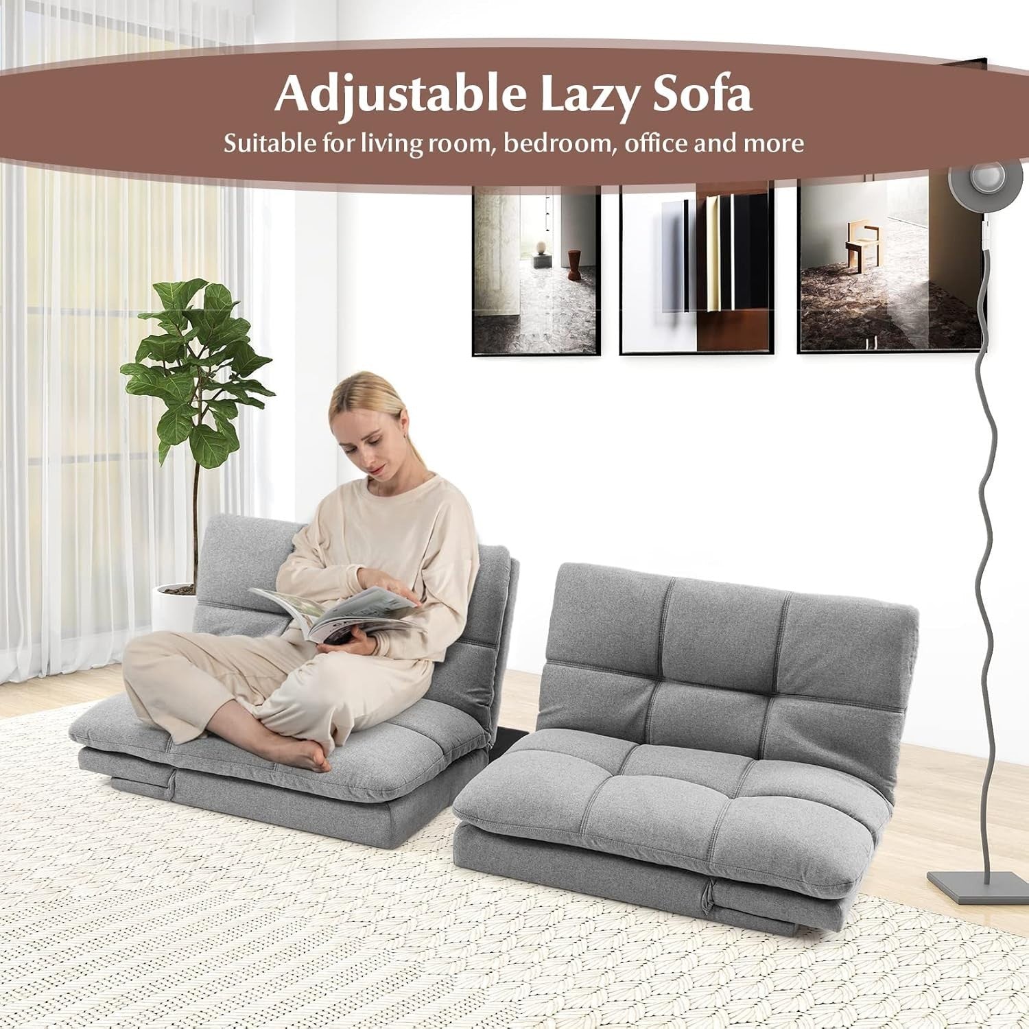 Grey Linen 2/3 Seater Sofa Bed Click Clack Recliner Adjustable Armrests