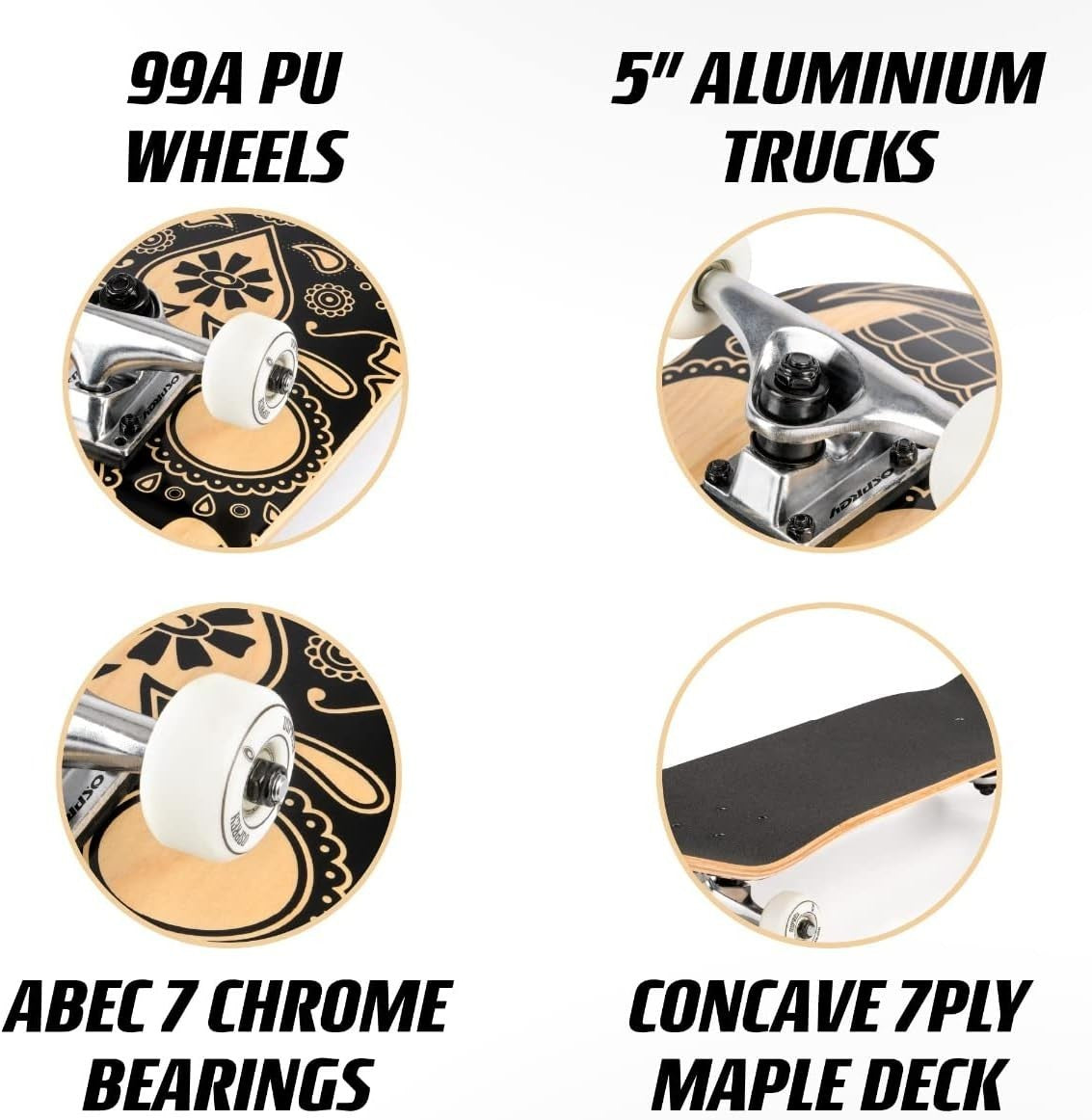 31" Double Kick Skateboard Candy Skull Trick Board ABEC7 Maple Deck PU Wheels