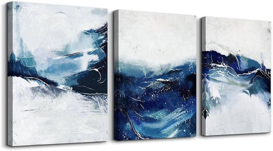 3Pcs Large Navy Blue Abstract Canvas Wall Art – Modern Living Room Decor