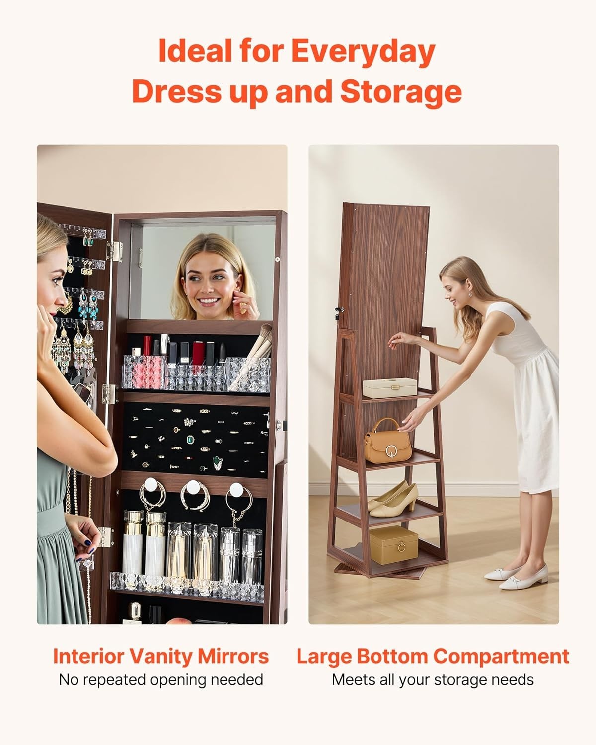 360 Swivel Standing Jewelry Organizer Mirror Lockable Rotating Storage Cabinet