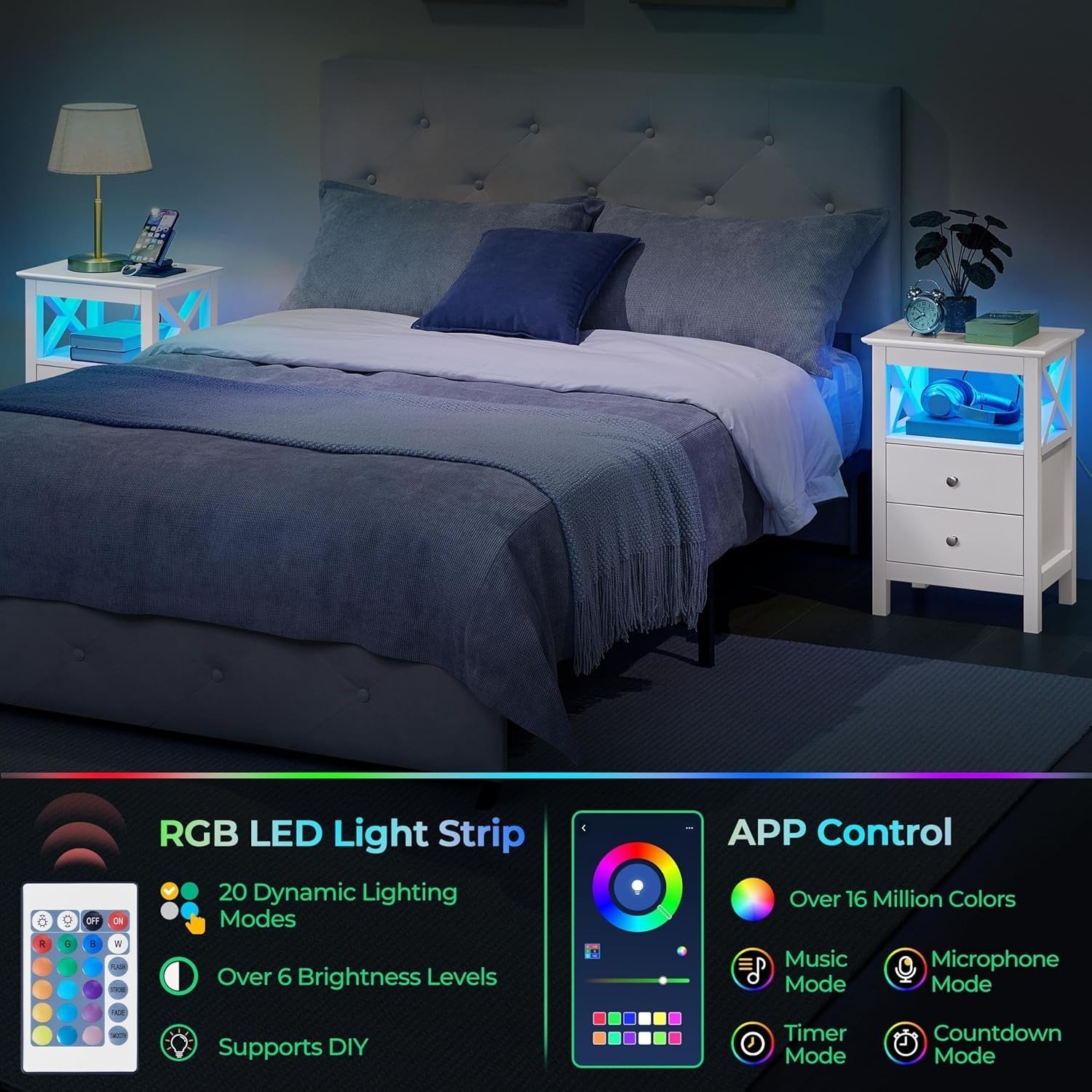 Set of 2 Smart Bedside Tables with LED Lights & USB Charging Ports | 2 Drawer