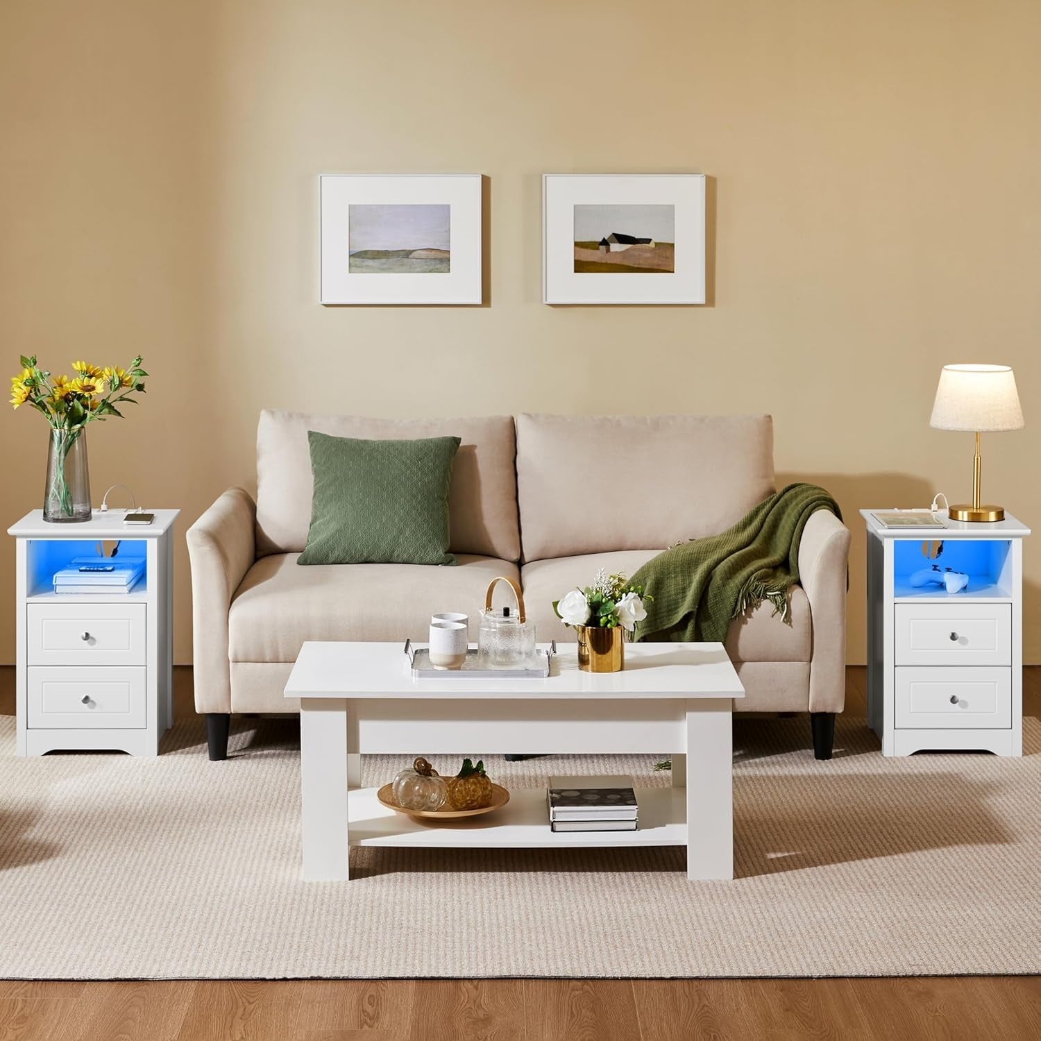 Set of 2 LED Bedside Tables with USB Charging Ports | Modern White Nightstands