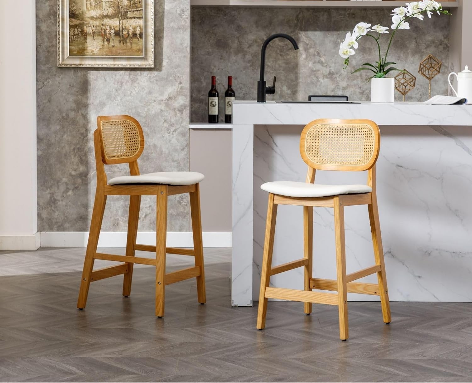 Rattan Bar Stools Set of 2 Counter Height Wooden Kitchen Island Chairs