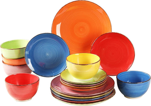 18pc Colourful Dinner Set Plates Bowls Hand Painted Stoneware Tableware