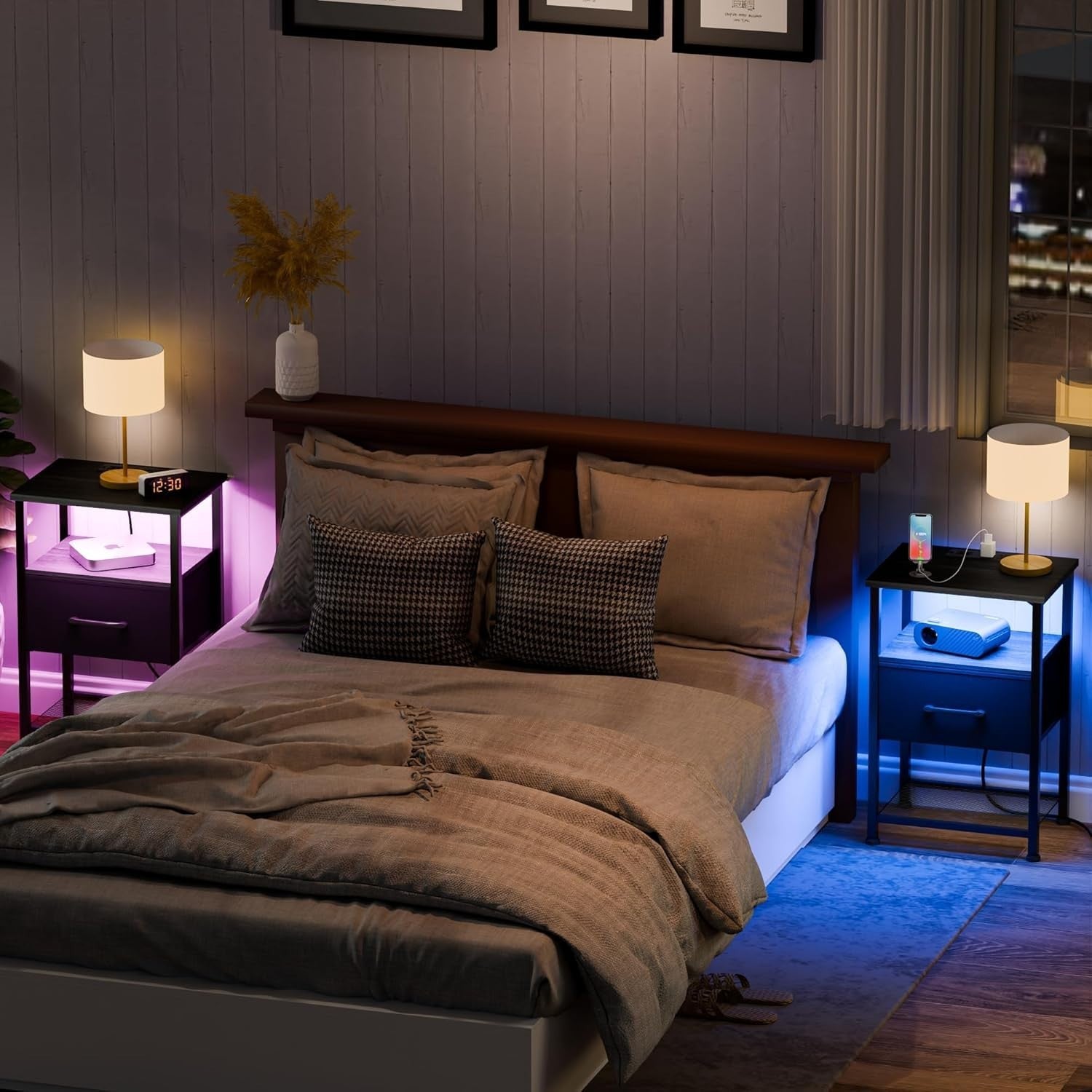Modern Black LED Bedside Table with Drawer, USB Charging Ports & Shelf