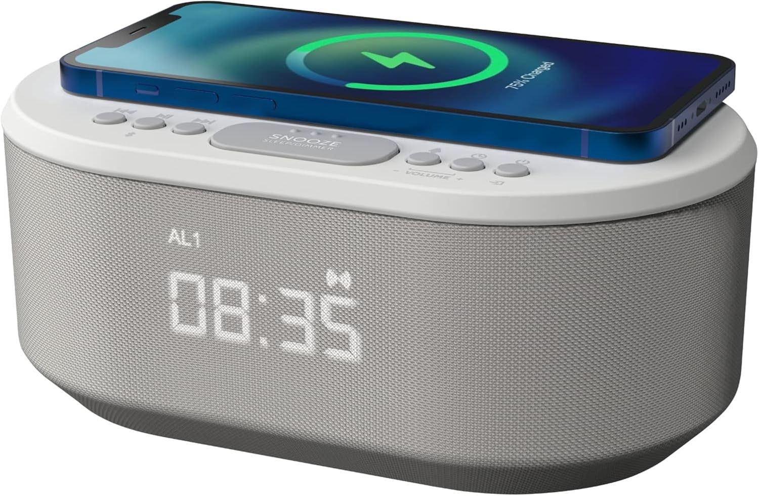Grey Bedside Alarm Clock Wireless Charging Bluetooth Speaker Dual Alarm