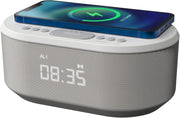 Grey Bedside Alarm Clock Wireless Charging Bluetooth Speaker Dual Alarm