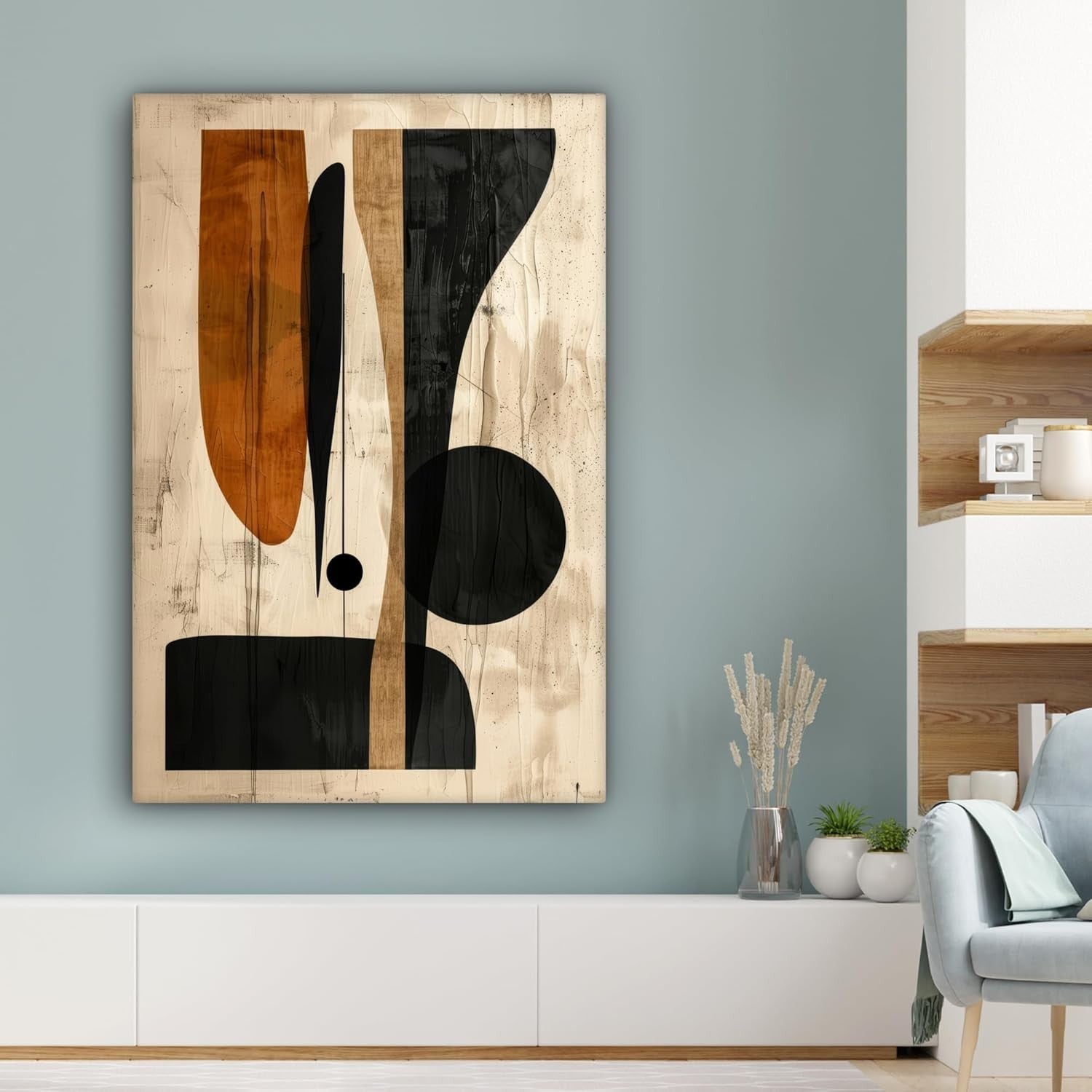 Large Abstract Canvas Wall Art Beige Black Modern Geometric Print 31x47