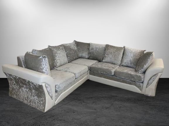 Silver 2C2 Corner Sofa 5 Seater Crushed Velvet L-Shape with Scatter Cushions
