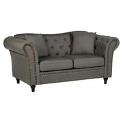 2 Seater Grey Chesterfield Sofa | Button Tufted Fabric Couch with Scroll Arms