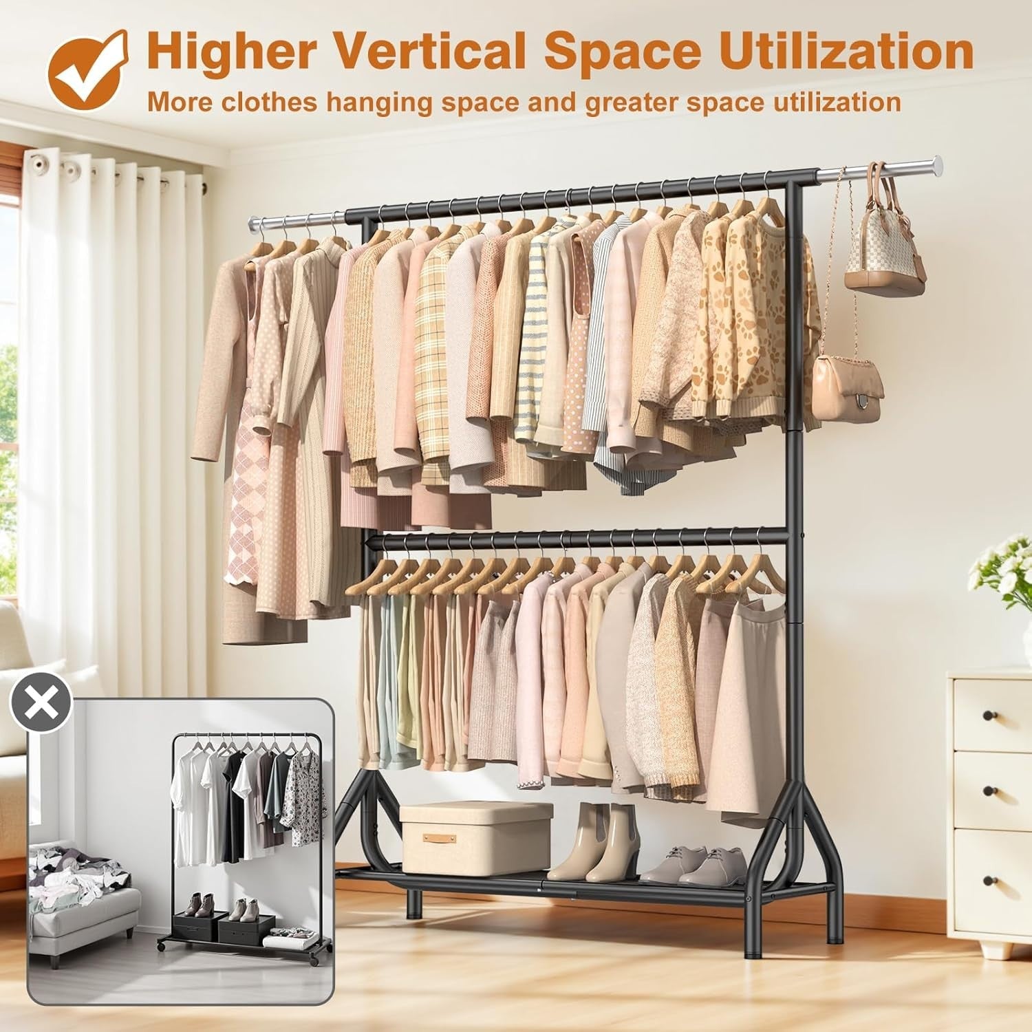 280KG Double Clothes Rail with Shelves – Heavy Duty Black