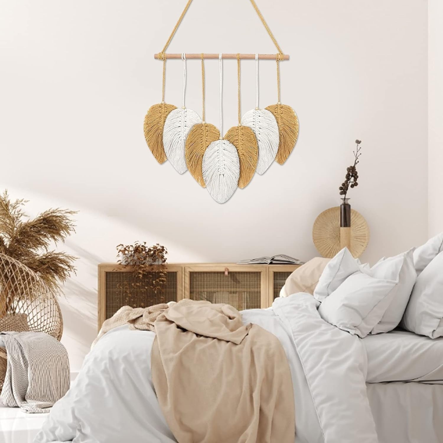 Yellow Macrame Wall Hanging Boho Leaf Feather Tapestry 40x45cm