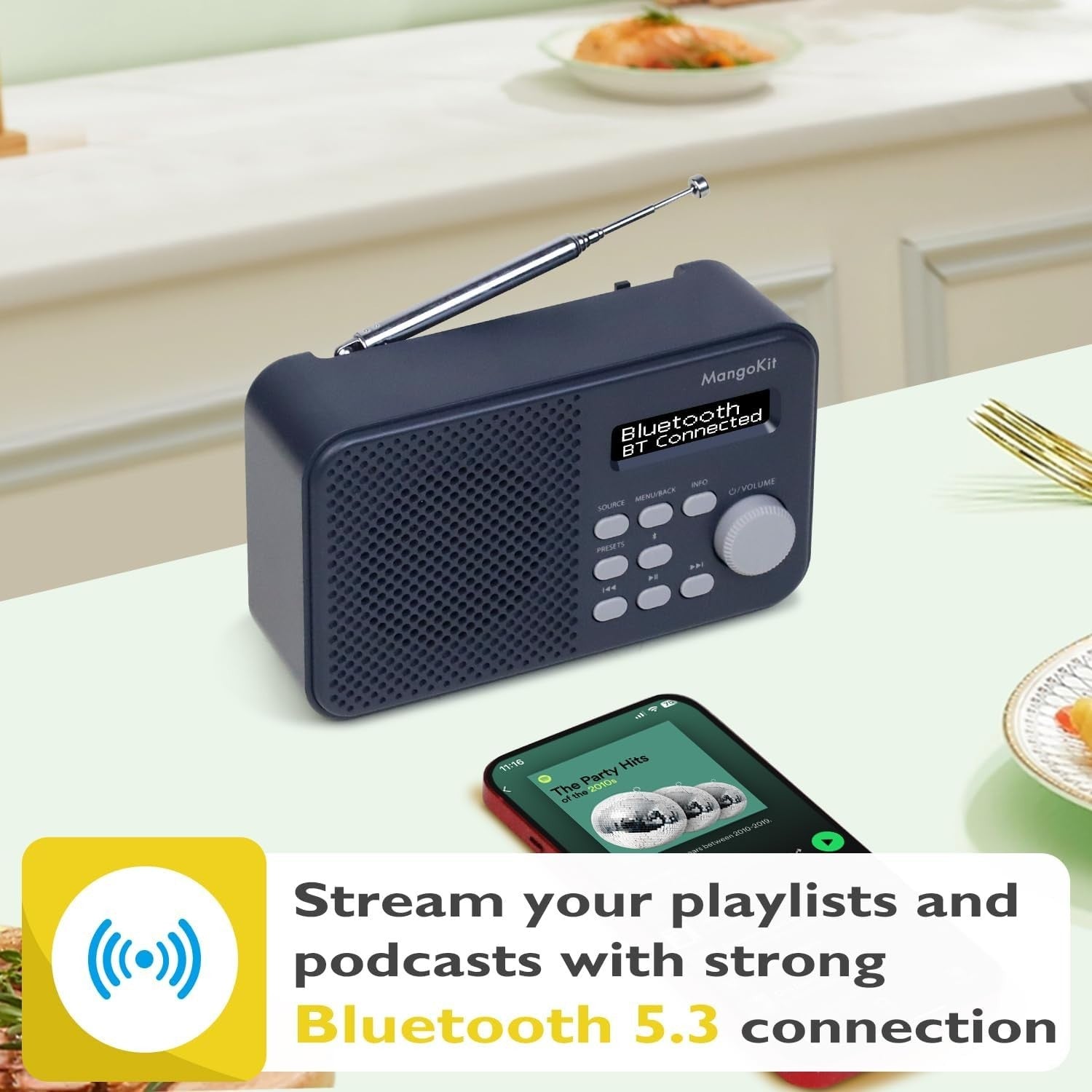 Portable DAB DAB+ FM Radio Bluetooth Kitchen Alarm Dark Grey