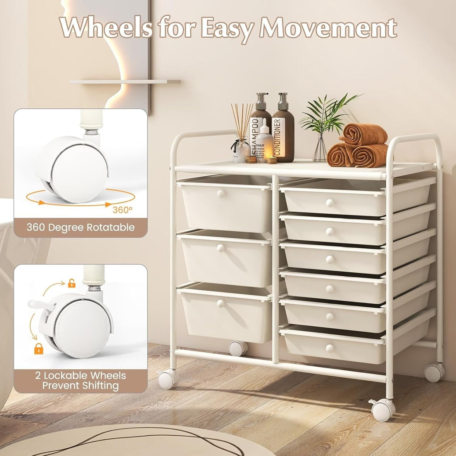 9 Drawer Rolling Storage Cart White Utility Organizer Trolley Wheels