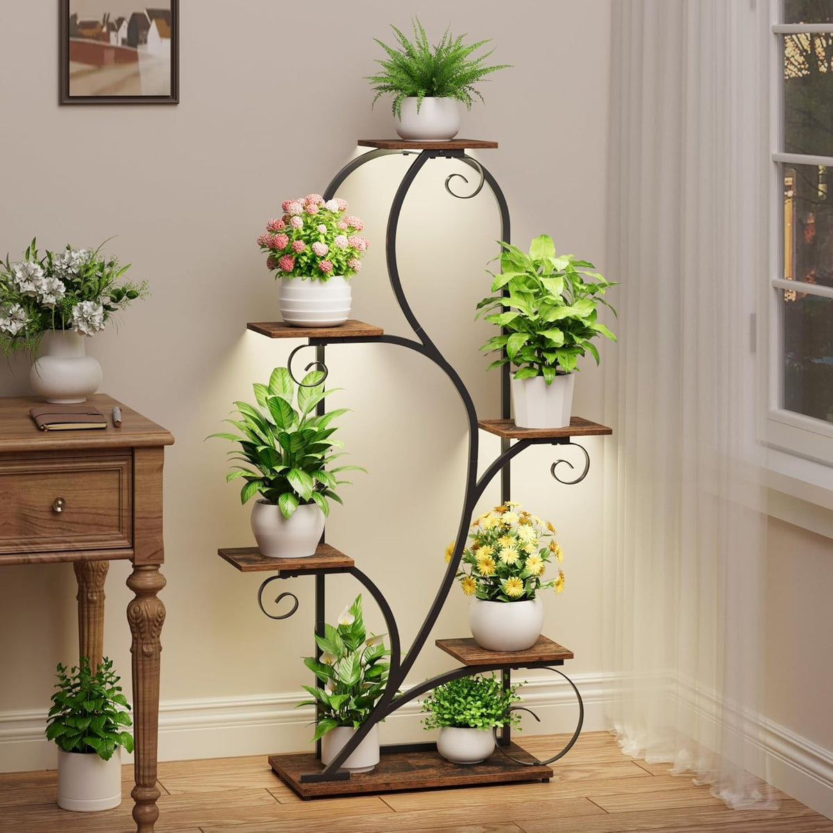 6 Tier Arched Metal Plant Stand with Grow Lights Indoor Flower Display Rack