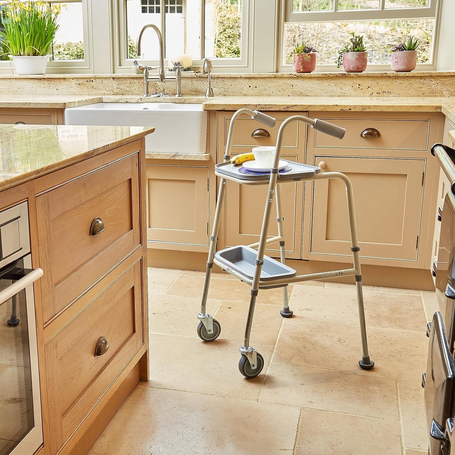 Height Adjustable Walking Trolley with Wheels Trays Indoor Support