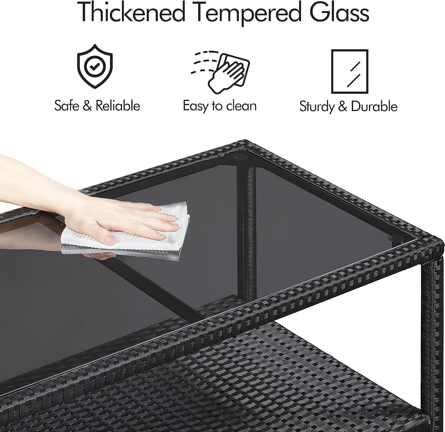 Outdoor Rattan Coffee Table with Glass Top & Storage Shelf – Black Patio Table