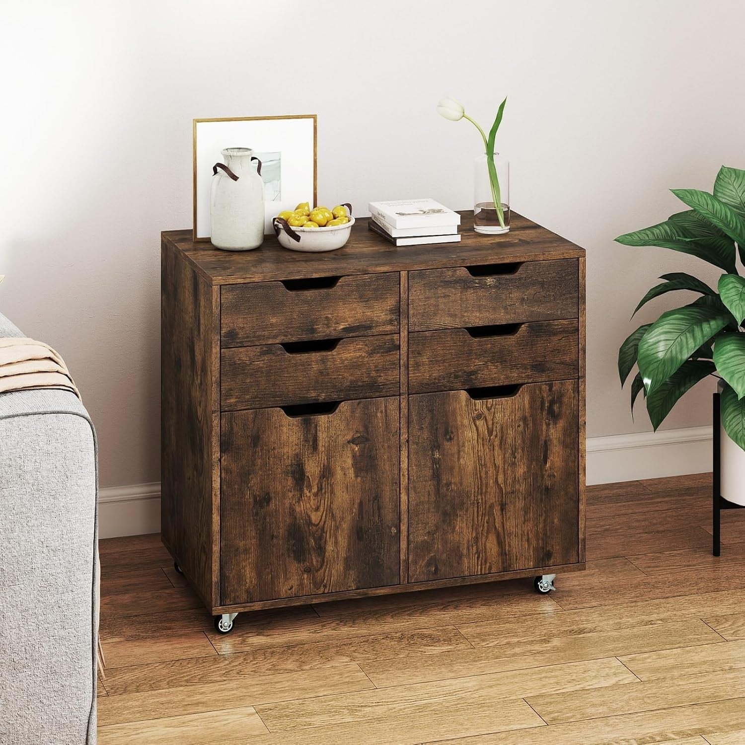 Rustic Brown Mobile File Cabinet 73x40x64cm 4 Drawer Printer Stand