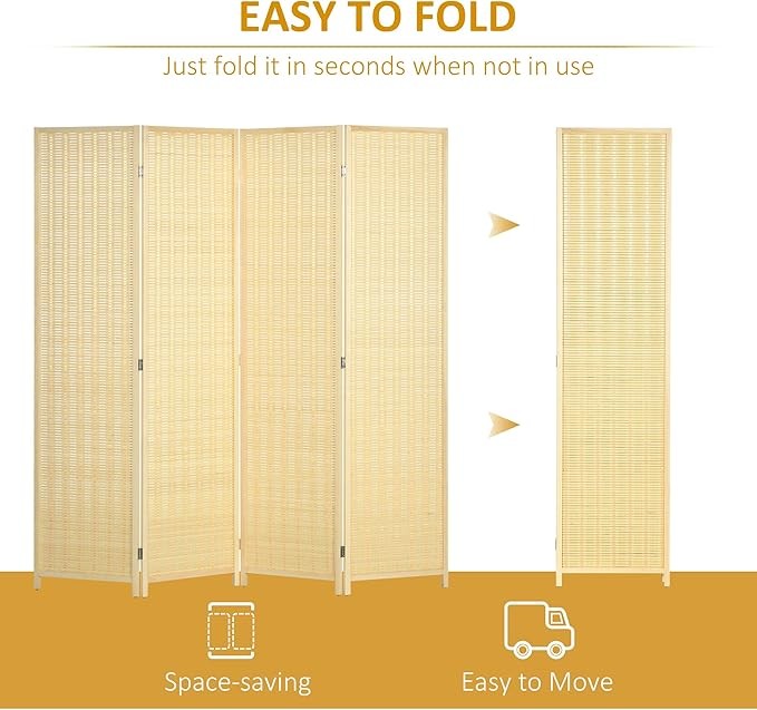 Natural 4 Panel Folding Room Divider 180x180cm Wooden Woven Privacy Screen