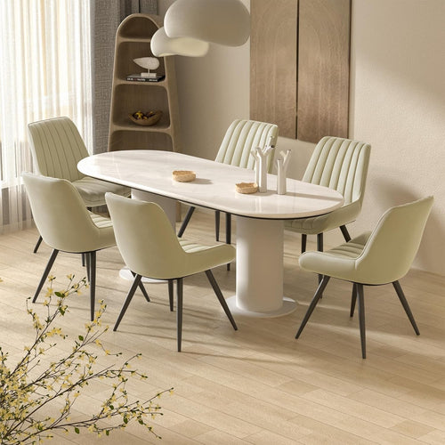 6 Beige Dining Chairs Fabric Upholstered Modern Metal Legs Padded Seat