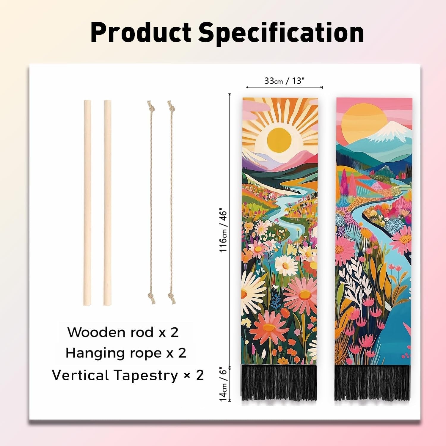 2-Pack Boho Abstract Landscape Tapestry 52"x13" Vertical Wall Decor