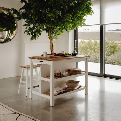 White Kitchen Island 126cm with Shelves, Hidden Tray & Acacia Wood Top Furniture
