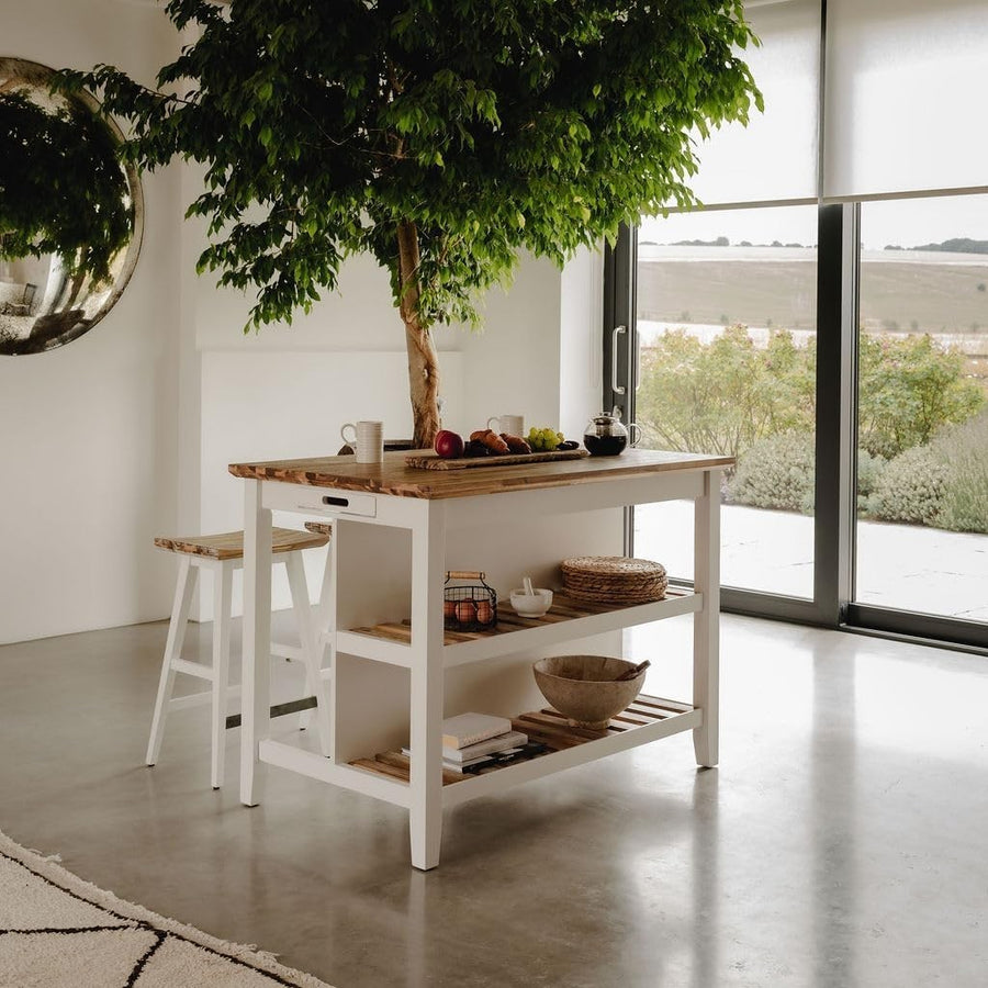White Kitchen Island 126cm with Shelves, Hidden Tray & Acacia Wood Top Furniture