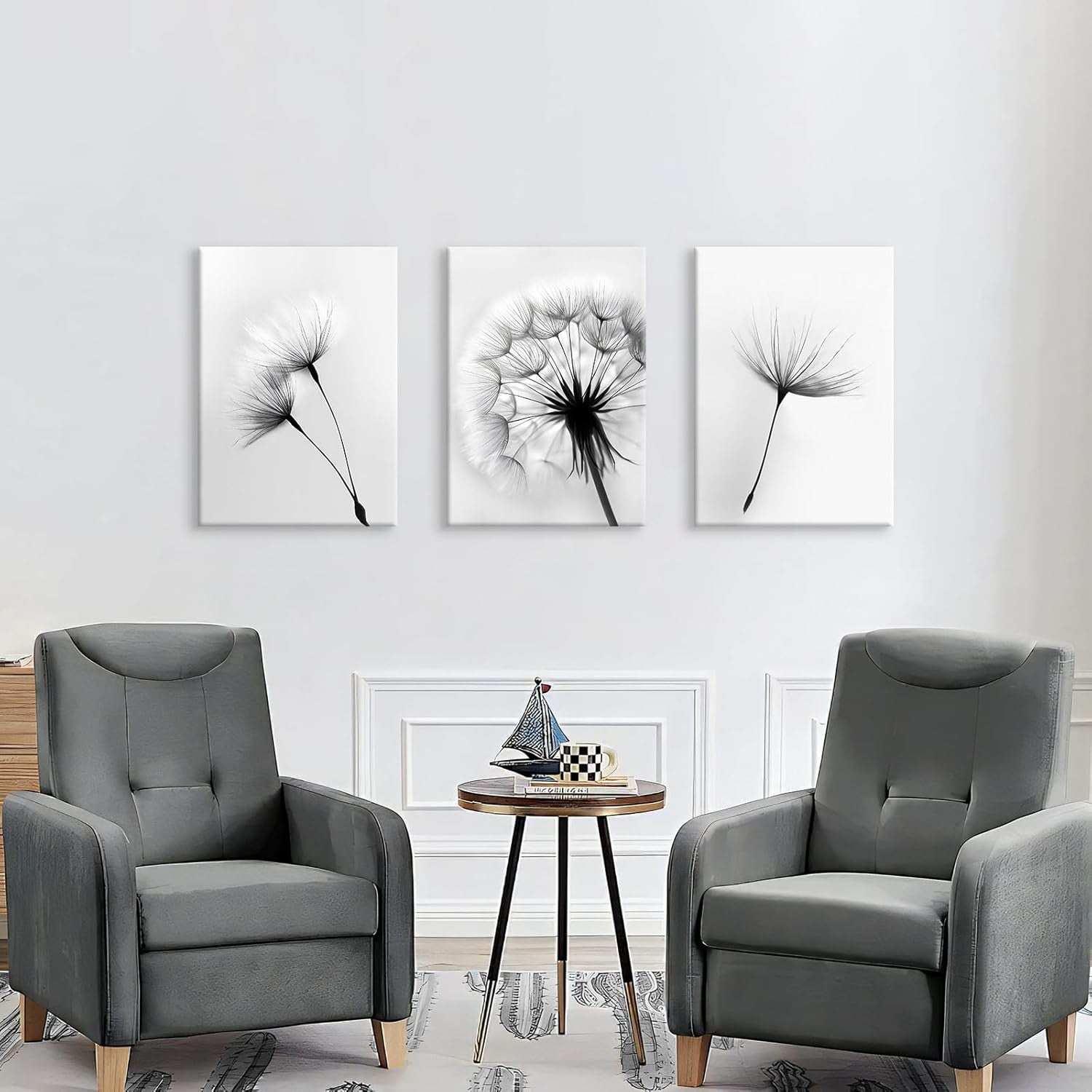 Set of 3 Black White Dandelion Canvas Wall Art Framed