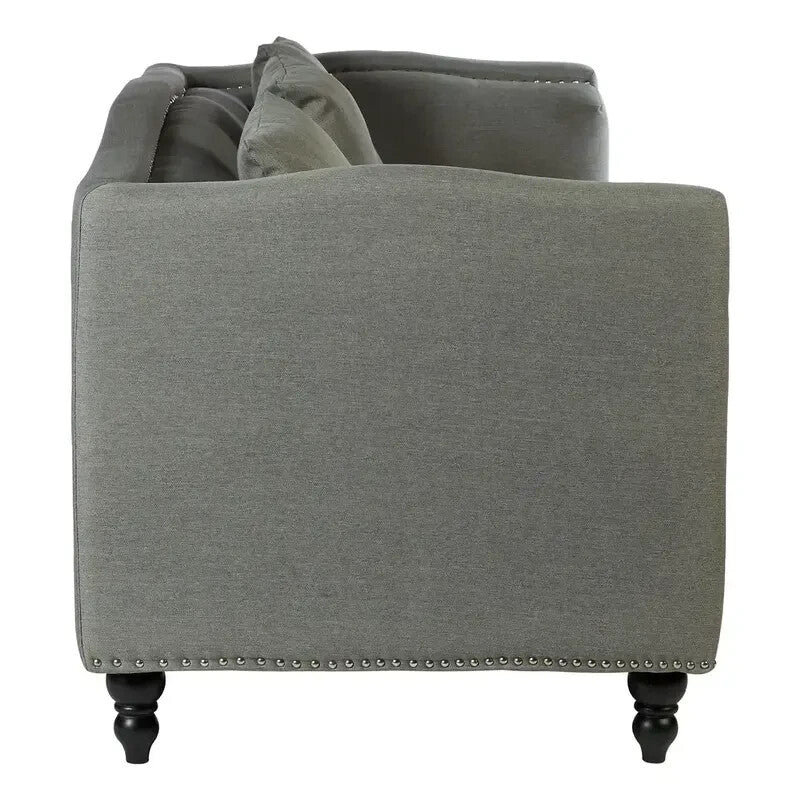 Grey Fabric 3 Seater Sofa w/ Silver Studs, Tuxedo Arms & Wood Feet