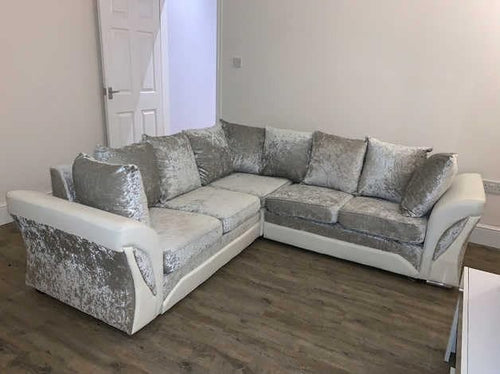 Silver 2C2 Corner Sofa 5 Seater Crushed Velvet L-Shape with Scatter Cushions
