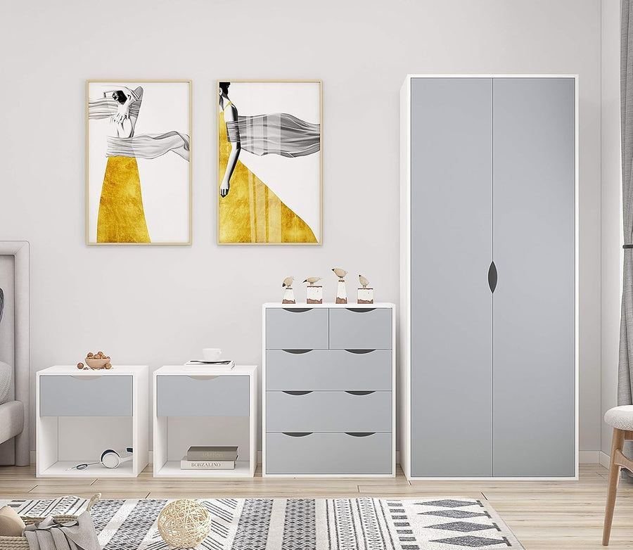 4pc Bedroom Furniture Set Wardrobe Chest Bedside Cabinet Grey on White