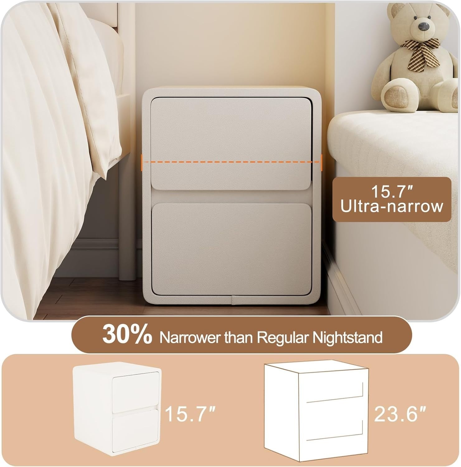 Wide White Bedside Table with 2 Drawers, Modern Leather-Finish