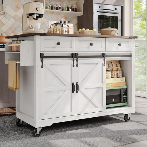 White Kitchen Island Cart with Extendable Walnut Top, Drawers & Sliding Cabinets