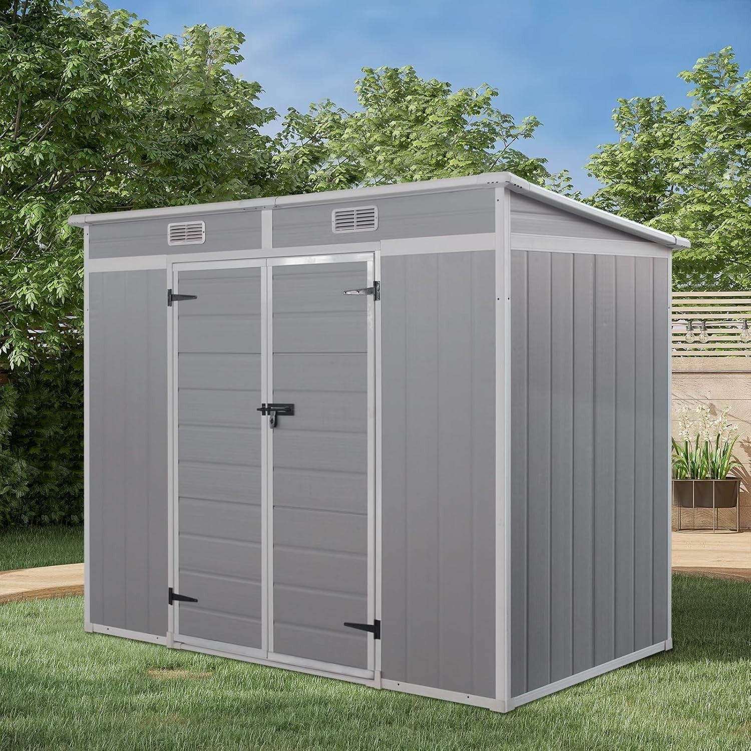 Plastic Garden Storage Shed 7x4FT Outdoor Tool House with Floor & Lockable Doors